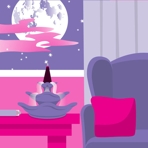 An illustrated image of a backflow cone incense burner with a burning backflow incense with smoke spilling down the waterfall burner. The incense cone burner is sitting on a small table next to an armchair and open window with the full moon in the sky.