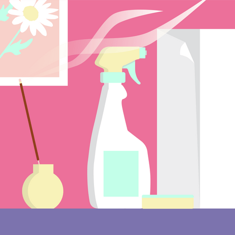 An illustration of a cleaning spray bottle and roll of paper towels sitting next to an incense stick burning, held in a round incense holder. In the background is a pink wall with a flower picture hanging on it.