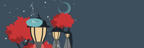 There are 3 lamp posts in front of red leaved trees. On top of the front lamp post is a nest of pale blue eggs. The background is an inky sky with only the dim glow of street lamps providing light and the new moon hovers with the constellation of Taurus highlighted. 