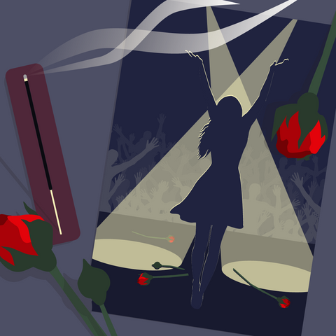 Overhead illustrated view of a photograph of the silhouette of a performer facing the crowd with arms in the air before taking a bow on a stage lit by spotlights. The photograph is next to a burning incense stick and red roses on a dark purple background.