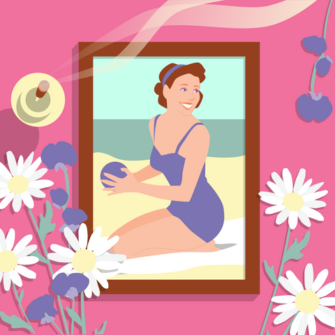 Overhead illustrated view of a framed picture of a pin-up girl sitting on a beach and wearing a retro style blue bathing suit while holding a ball. The picture is surrounded by flowers and an upright burning incense stick against a hot pink background.