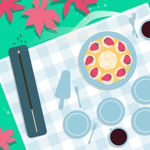 Overhead illustrated view of a cake topped with strawberries next to several cups, plates and a burning incense stick on a blue checkered picnic blanket on green grass. 