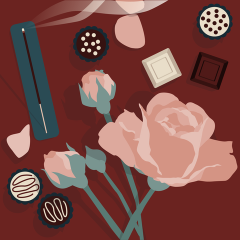 Overhead illustrated view of a pale pink long stemmed rose and several rose buds next to a burning incense stick surrounded by a variety of fancy chocolates on a burgundy background.