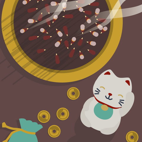 Overhead illustrated view of a bowl of many upright burning incense sticks next to gold coins, a small pouch with a drawstring, and a white waving good luck kitty statue against a burgundy pink background.