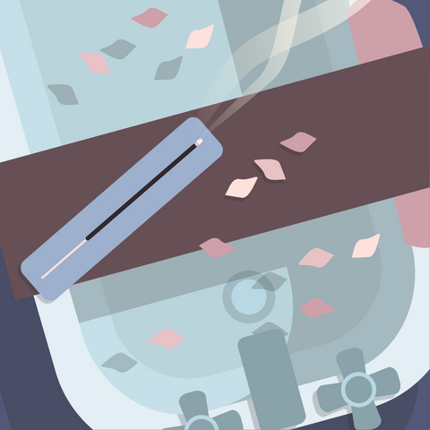Overhead illustrated view of a bathtub with old fashioned hot and cold faucets and a bathtub tray holding a burning incense stick in a light blue incense holder. The bathtub is full of water and several flower petals in a variety of pastel colours.