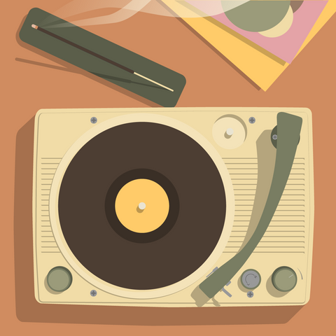 Overhead illustrated view of a vintage record player next to a burning incense stick on a pale brown background.