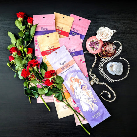 Collection of 6 incense stick packages, roses and jewelry 