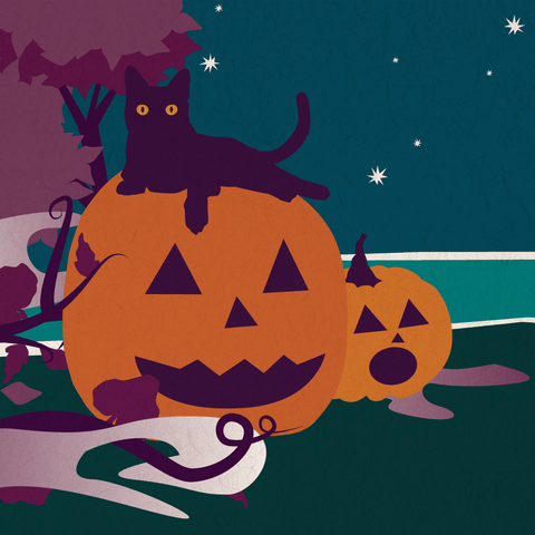 Illustration of a black cat laying on top of one of two jack-o'-lanterns that are surrounded by mist and sitting on dark ground. In the background there is a tree with burgundy leaves against an indigo sky with stars.