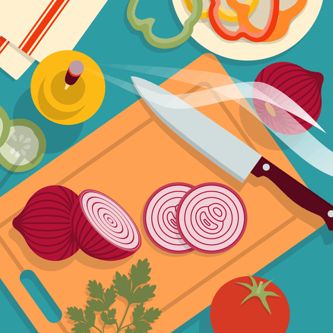 An overhead illustration of a cutting board with a chef’s knife, whole and sliced red onion, and a stick of incense burning next to it