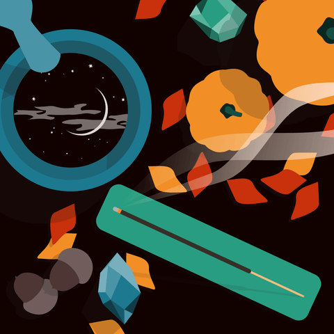 Overhead illustrated image of autumn equinox worship altar with incense burning, gems, leaves, pumpkins and the reflection of the new moon in the night sky.