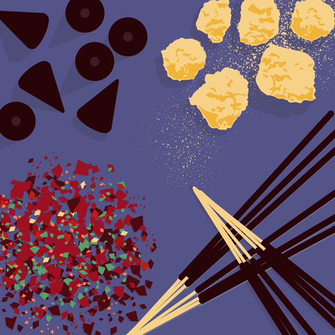 An overhead illustrated view of multiple forms of incense, including incense sticks, incense cones, incense resins, and loose herbs. 