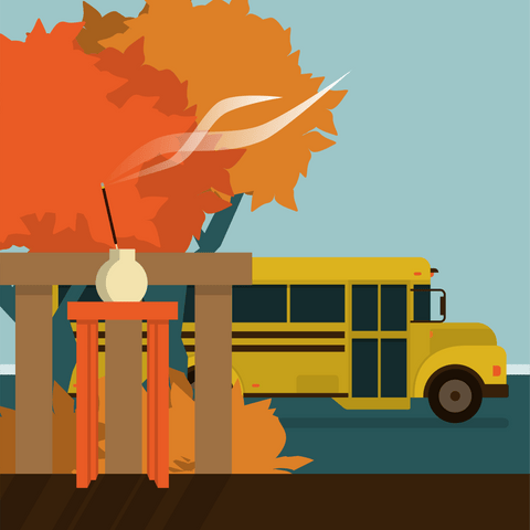 Illustrated image of a school bus parked near a back porch near autumn coloured trees. A stick of burning incense is sitting on the porch. 