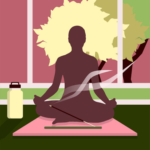 An illustrated view of a figure sitting in the lotus yoga pose with incense burning and trees visible through the window in the background. 