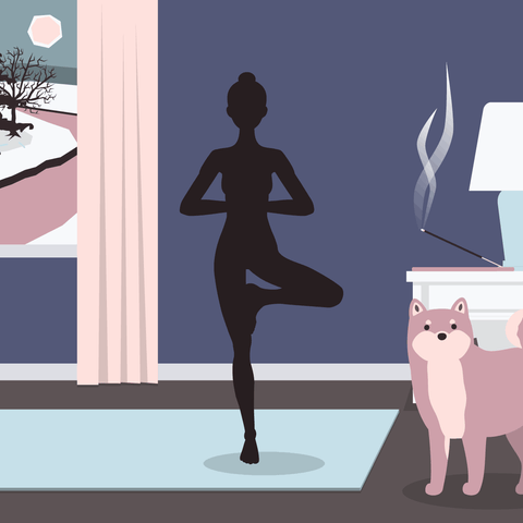 An illustration of a silhouette of a woman in a yoga tree pose next to a dog and incense burning.