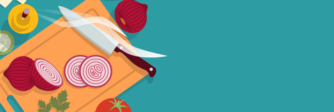 An overhead illustration of a cutting board with a chef’s knife, whole and sliced red onion, and a stick of incense burning next to it