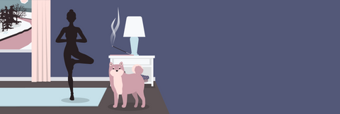 An illustration of a silhouette of a woman in a yoga tree pose next to a dog and incense burning.