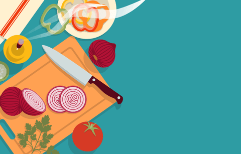 An overhead illustration of a cutting board with a chef’s knife, whole and sliced red onion, and a stick of incense burning next to it