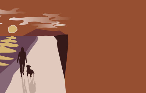 An illustration of the silhouette of a woman and a dog walking on a beach at sunset.