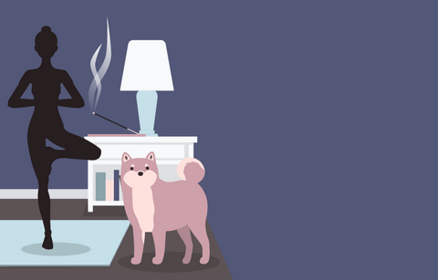 An illustration of a silhouette of a woman in a yoga tree pose next to a dog and incense burning.
