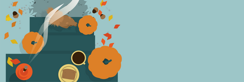 Overhead illustrated view of porch steps lined with pumpkins, featuring a burning stick of incense, cup of coffee, plate with toast and a squirrel sitting on the bottom step. The steps lead to a path surrounded by a lawn covered in colourful leaves and acorns.
