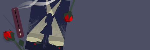 Overhead illustrated view of a photograph of the silhouette of a performer facing the crowd with arms in the air before taking a bow on a stage lit by spotlights. The photograph is next to a burning incense stick and red roses on a dark purple background. 