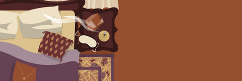 Overhead illustrated view of a lusciously adorned bedroom showing the corner of a cozy bed with throw pillows next to a night stand containing a salt rock lamp, sleep mask, and burning stick of incense. An ornate rug is visible next to the bed. 