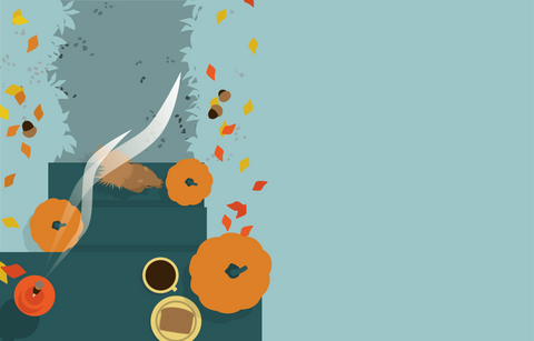 Overhead illustrated view of porch steps lined with pumpkins, featuring a burning stick of incense, cup of coffee, plate with toast and a squirrel sitting on the bottom step. The steps lead to a path surrounded by a lawn covered in colourful leaves and acorns.