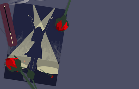Overhead illustrated view of a photograph of the silhouette of a performer facing the crowd with arms in the air before taking a bow on a stage lit by spotlights. The photograph is next to a burning incense stick and red roses on a dark purple background. 
