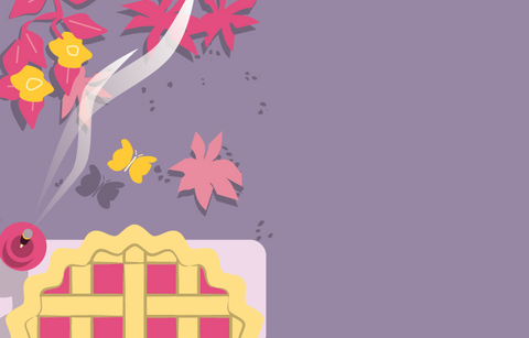 Overhead illustrated view of a lattice pie cooling on a windowsill next to an upright burning incense stick. The ground below the windowsill is purple-grey with yellow and pink flowers and a yellow butterfly. 