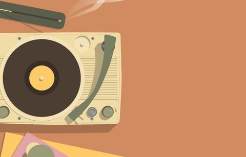 Overhead illustrated view of a vintage record player next to a burning incense stick on a pale brown background.