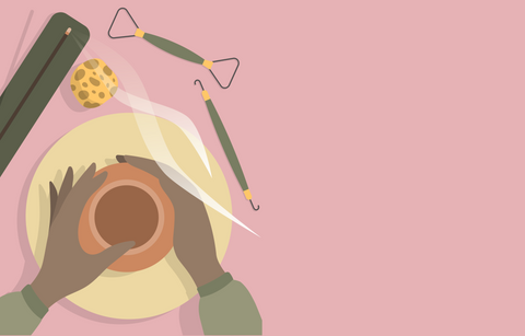 An illustrated overhead image of a potter’s wheel with a bowl being formed by two hands. A burning stick of incense sits next to the wheel in addition to some clay sculpting tools.