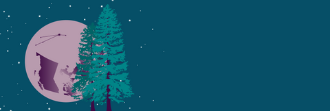 A dark blue-green sky with stars and the full moon with western red cedars in the foreground. The constellation of Aries and an outline of the province of BC is visible on the moon.