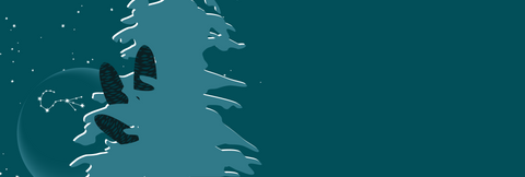 A deep teal night sky with stars and the outline of the new moon peaking out behind a sub-alpine fir with three large pine cones growing on it. The constellation of Scorpio is visible on the moon. 