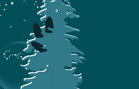 A deep teal night sky with stars and the outline of the new moon peaking out behind a sub-alpine fir with three large pine cones growing on it. The constellation of Scorpio is visible on the moon. 