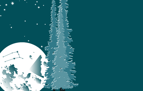 A deep teal night sky with stars and the full moon with sub-alpine firs in the foreground. The constellation of Gemini and an outline of the Yukon is visible on the moon.