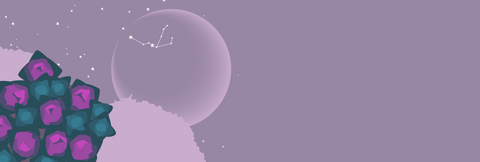 A pale grey night sky with stars and the outline of the new moon with the constellation of Aquarius visible on the moon. In the foreground are the buds of the purple saxifrage, the official flower of the province of Nunavut.