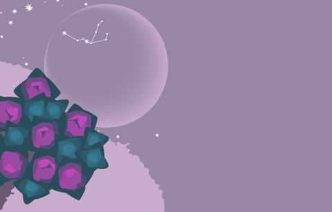 A pale grey night sky with stars and the outline of the new moon with the constellation of Aquarius visible on the moon. In the foreground are the buds of the purple saxifrage, the official flower of the province of Nunavut.