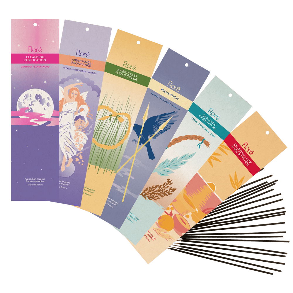 An array of our best selling incense fragrances at Floré Incense. Cleansing, Abundance, Sweetgrass, Protection, Guidance and Egyptian Musk. Packages are shown fanned out with 20 incense sticks beside them.  