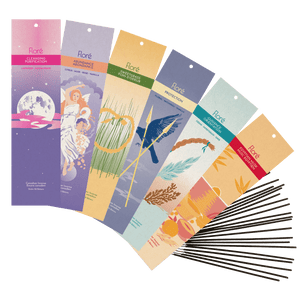 
            
                Load image into Gallery viewer, An array of our best selling incense fragrances at Floré Incense. Cleansing, Abundance, Sweetgrass, Protection, Guidance and Egyptian Musk. Packages are shown fanned out with 20 incense sticks beside them.  
            
        