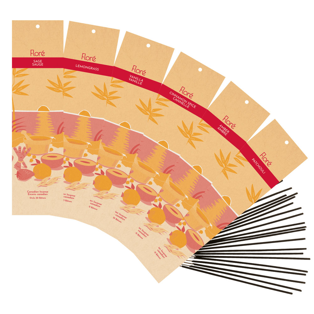 An array of our best spicy incense fragrances at Floré Incense. Sage, Lemongrass, Vanilla, Cinnamon Spice, Amber and Patchouli. Packages are shown fanned out with 20 incense sticks beside them