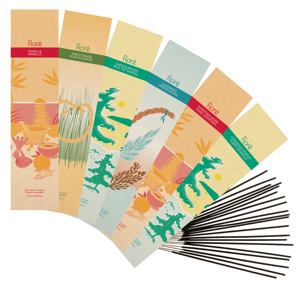 
            
                Load image into Gallery viewer, An array of our best crowd pleasing incense fragrances at Floré Incense. Vanilla, Sweetgrass, Sandalwood, Guidance, Egyptian Musk and Canadian Forest. Packages are shown fanned out with 20 incense sticks beside them.
            
        