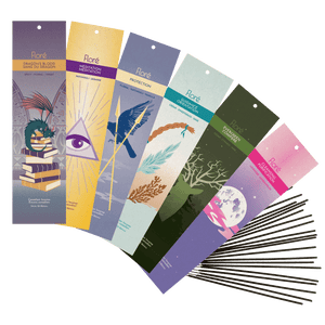 
            
                Load image into Gallery viewer, An array of our best mystical vibes incense fragrances at Floré Incense. Dragon&amp;#39;s Blood, Meditation, Protection, Guidance, Evergreen and Cleansing. Packages are shown fanned out with 20 incense sticks beside them.
            
        