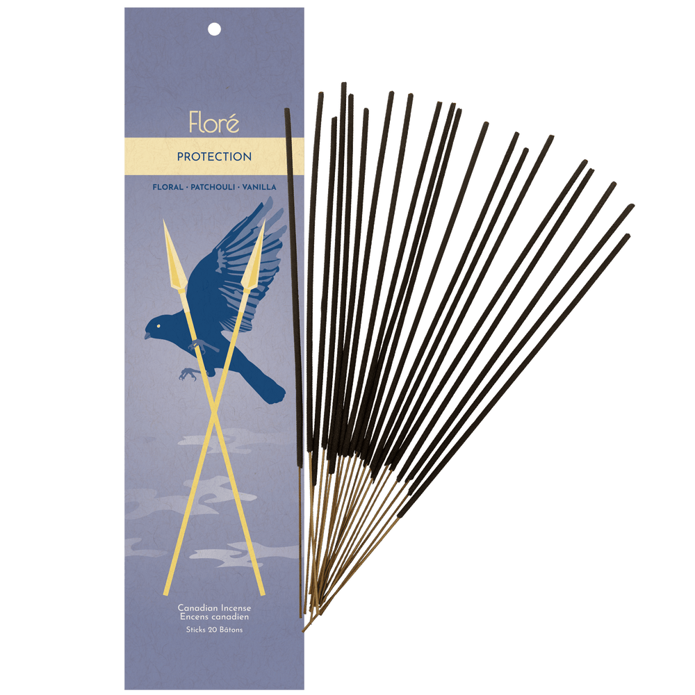 Image of 1 package of Flore Canadian Incense Protection fragrance, featuring a soaring crow and 2 crossed golden spears. There are 20 incense sticks splayed beside it as every package contains 20 incense sticks. Scent notes displayed are floral, patchouli, vanilla.
