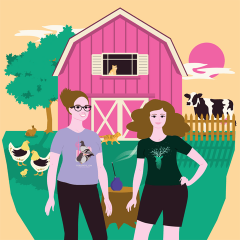 An illustrated image of two women standing in front of a barn next to a stump with a burning incense sticks sitting on it. In the background there are chickens, a cow, tree and pink sun. A cat is walking in front of the barn and one is visible in the mow windown of the barn.