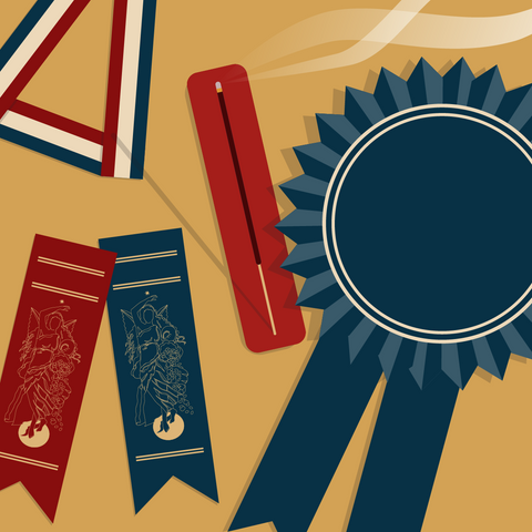 Overhead illustrated view of a dark blue grand prize ribbon next to a burning incense stick, a blue ribbon, a red ribbon, and the blue, white and red strap from a medal on a golden background. 