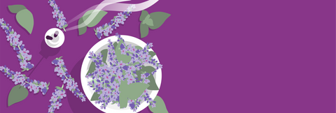 An overhead illustrated view of purple patchouli flowers in a white bowl. The bowl sits next to upright burning incense sticks on a dark purple surface with other patchouli blooms strewn around. 