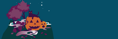 Illustration of a black cat laying on top of one of two jack-o'-lanterns that are surrounded by mist and sitting on dark ground. In the background there is a tree with burgundy leaves against an indigo sky with stars.