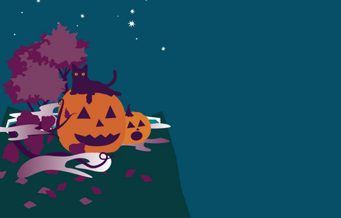 Illustration of a black cat laying on top of one of two jack-o'-lanterns that are surrounded by mist and sitting on dark ground. In the background there is a tree with burgundy leaves against an indigo sky with stars.