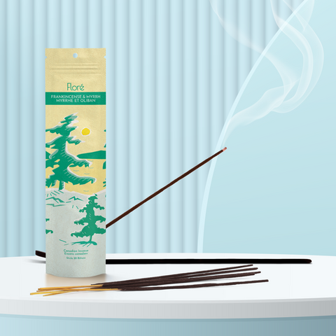 A pale yellow package of incense sticks that reads Flore Frankincense and Myrrh with an image of pine trees growing on the shore of a golden lake with a yellow sun in the sky. The package stands upright next to a burning incense stick against a pale blue background.
