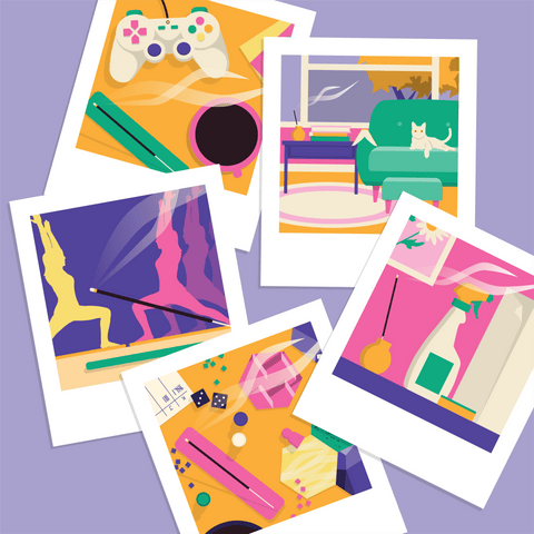 An illustrated image of five polaroid pictures that all involve the use of incense. One is of people in yoga poses with incense burning, one contains a videogame controller and mug of coffee next to a burning stick of incense, another shows a boardgame and game pieces with incense burning, another shows spring cleaning items and burning incense, and one image is of a cat sitting on a chair next to an open window and a side table with a stack of books and an incense stick burning with smoke wafting outside. 